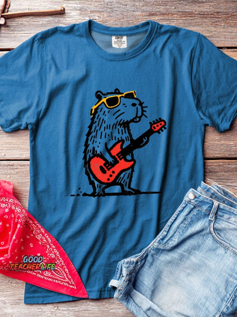 Rock Guitar Capybara Decorative Pattern T-shirt