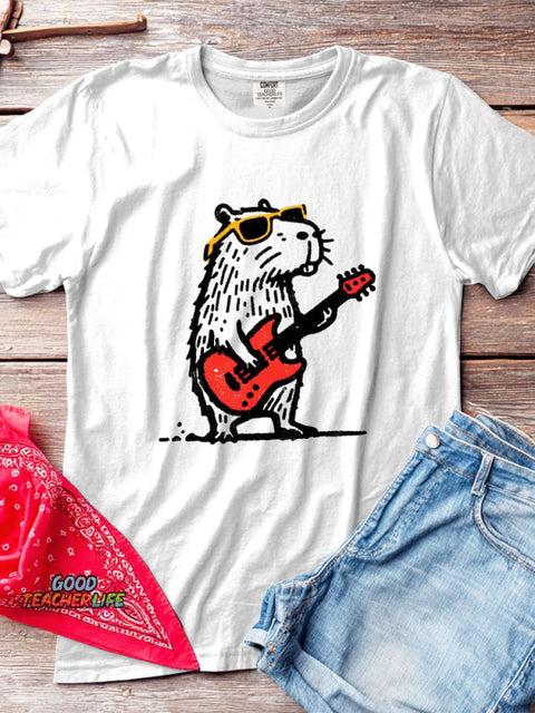 Rock Guitar Capybara Decorative Pattern T-shirt
