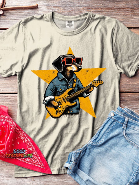Rock Star Dog Decorative Pattern T-shirt
