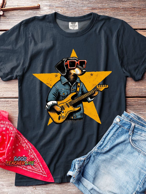 Rock Star Dog Decorative Pattern T-shirt