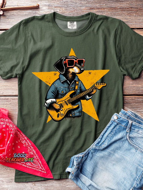 Rock Star Dog Decorative Pattern T-shirt