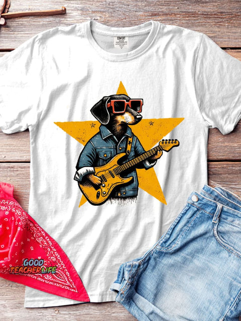Rock Star Dog Decorative Pattern T-shirt