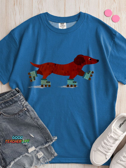 Dachshund Roller Skating Decorative Pattern T-shirt