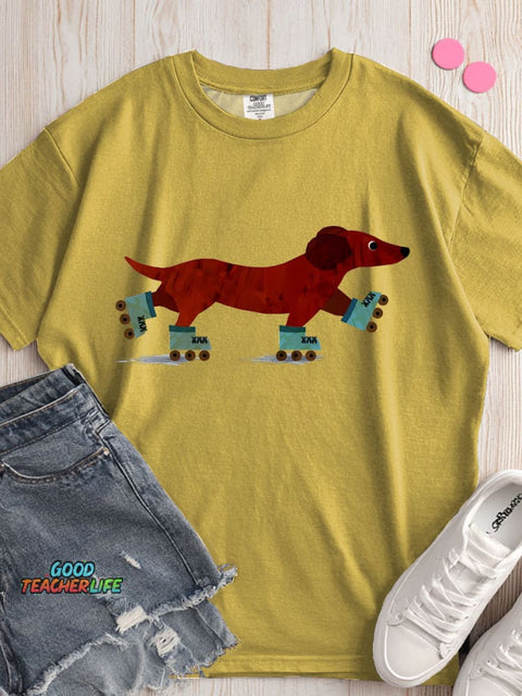 Dachshund Roller Skating Decorative Pattern T-shirt