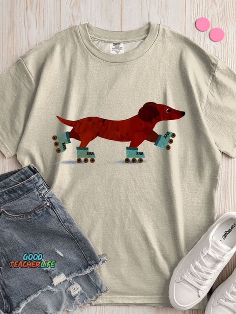 Dachshund Roller Skating Decorative Pattern T-shirt