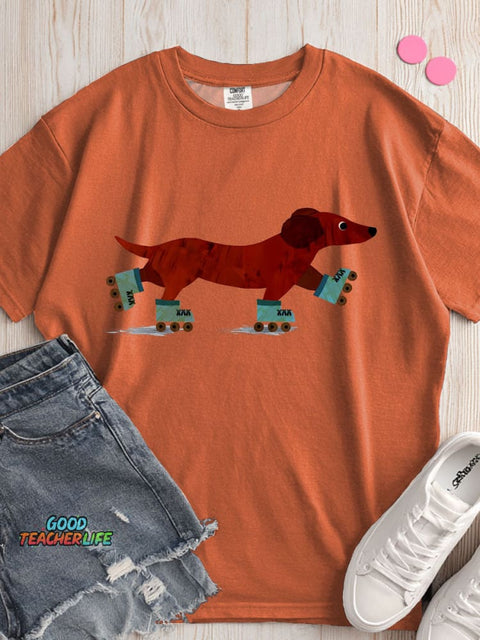 Dachshund Roller Skating Decorative Pattern T-shirt