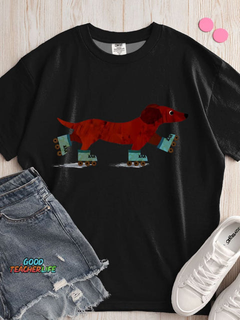 Dachshund Roller Skating Decorative Pattern T-shirt