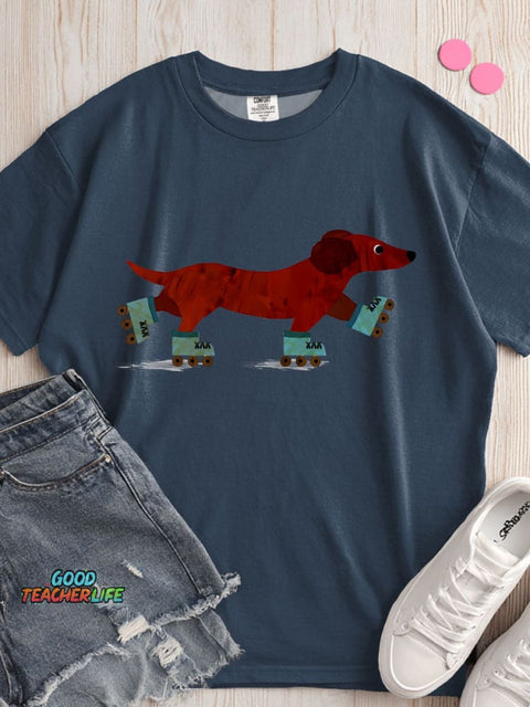 Dachshund Roller Skating Decorative Pattern T-shirt