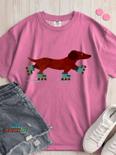Dachshund Roller Skating Decorative Pattern T-shirt