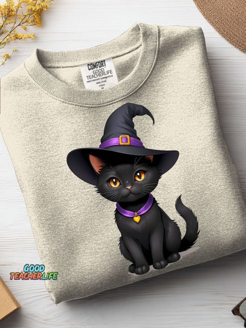 Black Cat Wizard Decorative Pattern Casual Sweatshirt