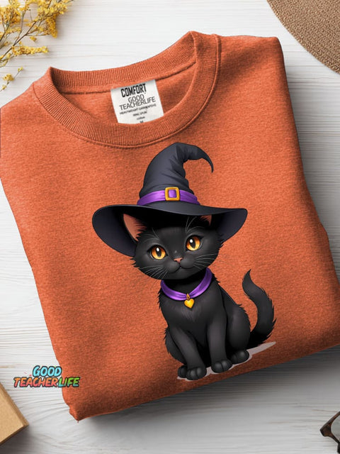 Black Cat Wizard Decorative Pattern Casual Sweatshirt