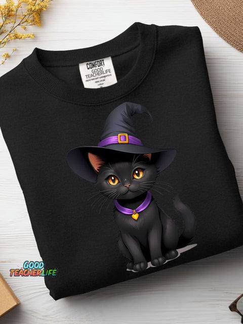 Black Cat Wizard Decorative Pattern Casual Sweatshirt
