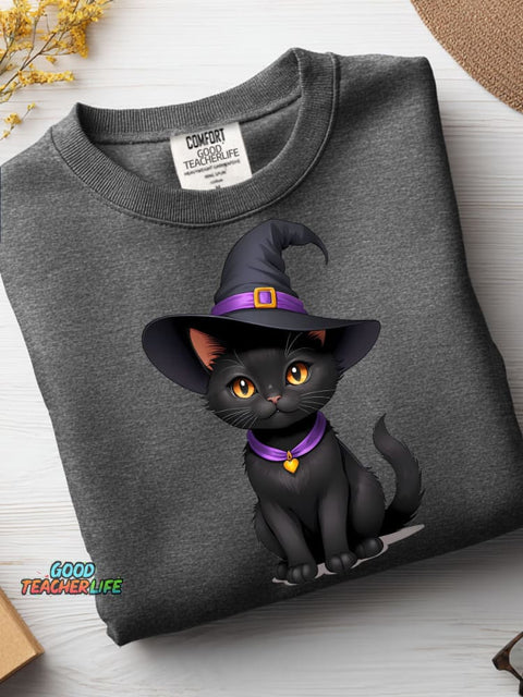 Black Cat Wizard Decorative Pattern Casual Sweatshirt