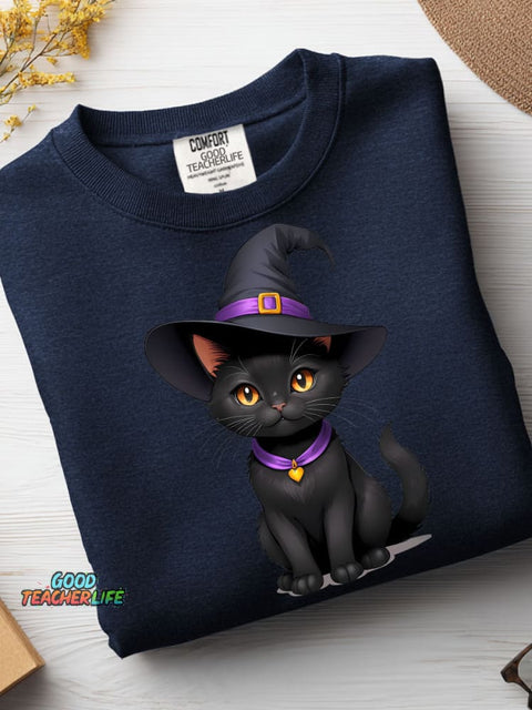 Black Cat Wizard Decorative Pattern Casual Sweatshirt