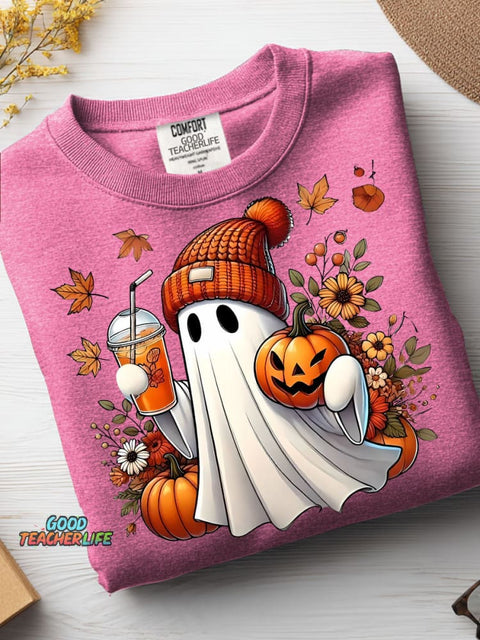 Autumn Ghost and Pumpkin Drink Decorative Pattern Casual Sweatshirt
