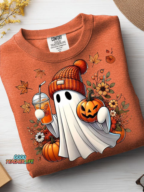 Autumn Ghost and Pumpkin Drink Decorative Pattern Casual Sweatshirt