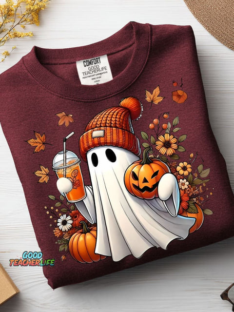 Autumn Ghost and Pumpkin Drink Decorative Pattern Casual Sweatshirt