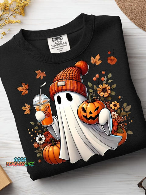 Autumn Ghost and Pumpkin Drink Decorative Pattern Casual Sweatshirt