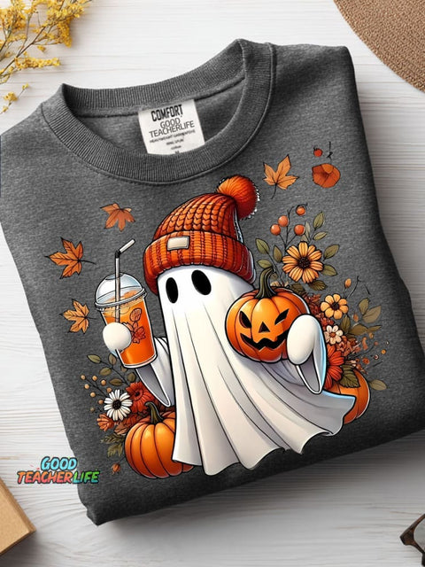 Autumn Ghost and Pumpkin Drink Decorative Pattern Casual Sweatshirt