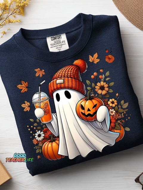 Autumn Ghost and Pumpkin Drink Decorative Pattern Casual Sweatshirt
