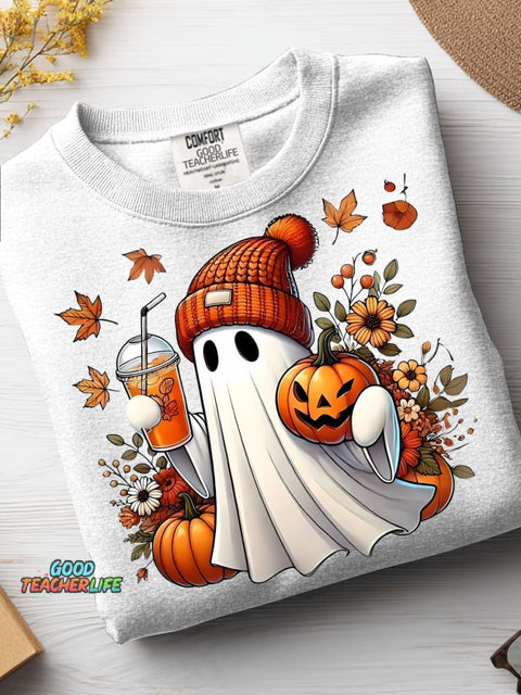 Autumn Ghost and Pumpkin Drink Decorative Pattern Casual Sweatshirt