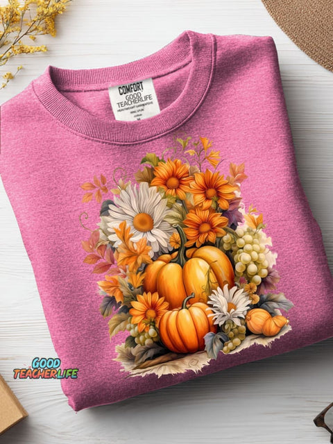 Autumn Pumpkin and Flower Decorative Pattern Casual Sweatshirt