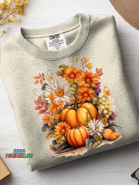 Autumn Pumpkin and Flower Decorative Pattern Casual Sweatshirt