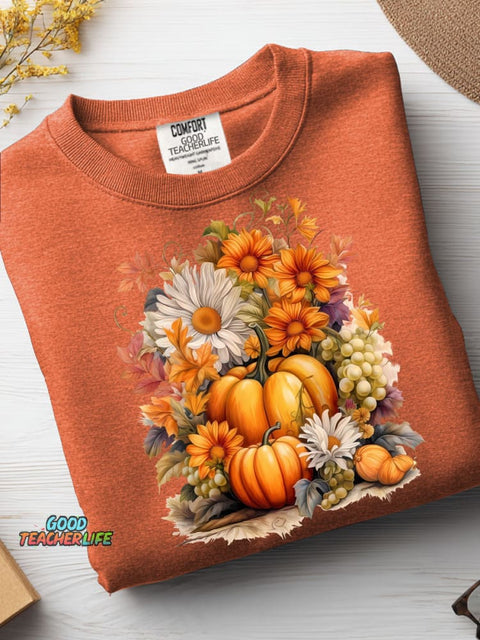 Autumn Pumpkin and Flower Decorative Pattern Casual Sweatshirt