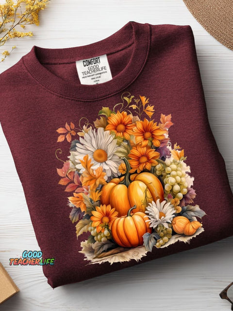Autumn Pumpkin and Flower Decorative Pattern Casual Sweatshirt