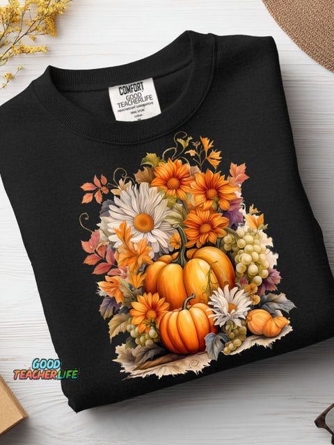 Autumn Pumpkin and Flower Decorative Pattern Casual Sweatshirt