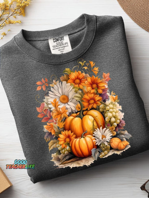 Autumn Pumpkin and Flower Decorative Pattern Casual Sweatshirt