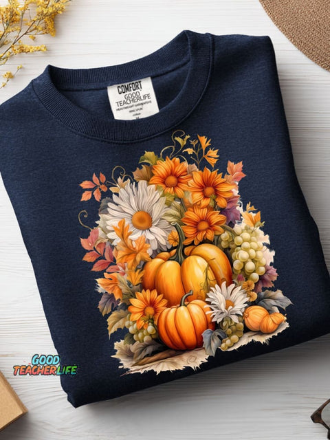 Autumn Pumpkin and Flower Decorative Pattern Casual Sweatshirt