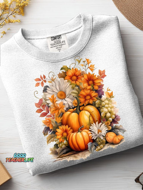 Autumn Pumpkin and Flower Decorative Pattern Casual Sweatshirt