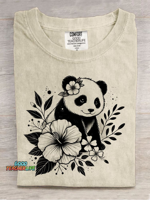 Panda and Flower Decorative Pattern T-shirt