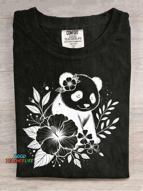 Panda and Flower Decorative Pattern T-shirt