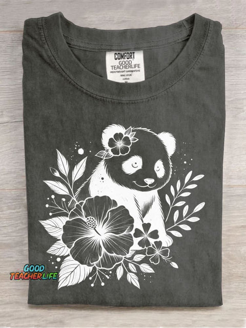 Panda and Flower Decorative Pattern T-shirt