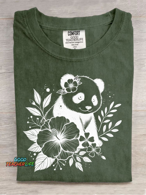 Panda and Flower Decorative Pattern T-shirt