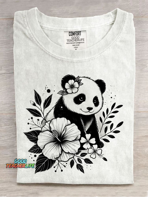 Panda and Flower Decorative Pattern T-shirt