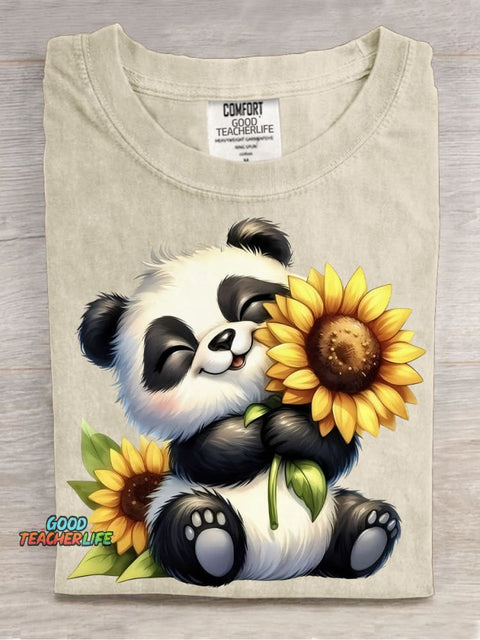 Panda and Sunflower Decorative Pattern T-shirt