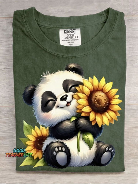 Panda and Sunflower Decorative Pattern T-shirt
