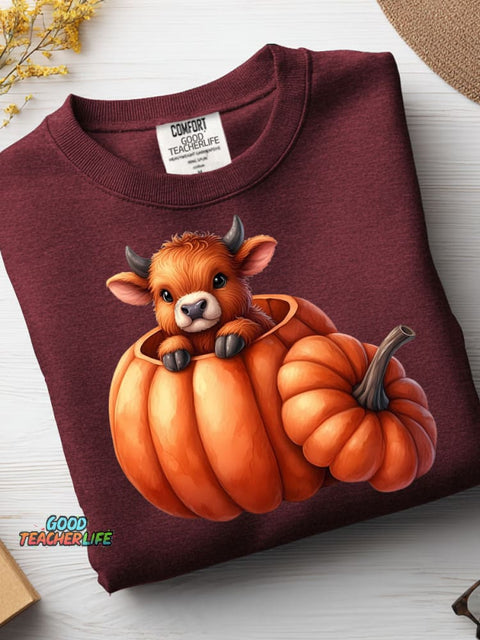 Cow and Pumpkin Halloween Decoration Pattern Casual Sweatshirt
