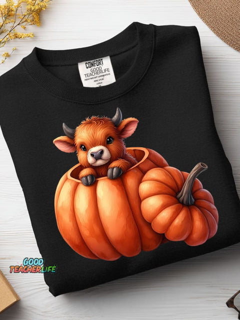 Cow and Pumpkin Halloween Decoration Pattern Casual Sweatshirt