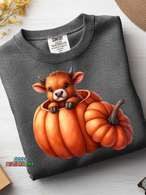 Cow and Pumpkin Halloween Decoration Pattern Casual Sweatshirt