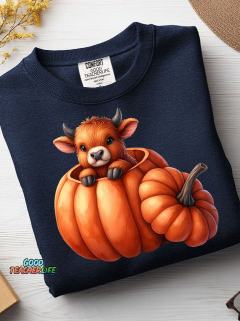 Cow and Pumpkin Halloween Decoration Pattern Casual Sweatshirt