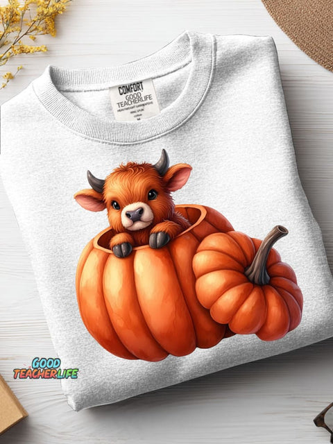 Cow and Pumpkin Halloween Decoration Pattern Casual Sweatshirt