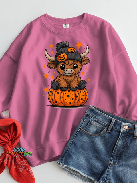 Halloween Cow and Pumpkin Decorative Pattern Casual Sweatshirt