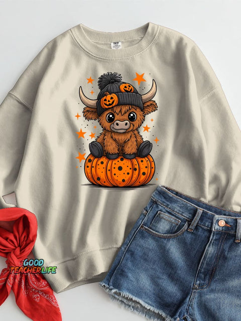 Halloween Cow and Pumpkin Decorative Pattern Casual Sweatshirt
