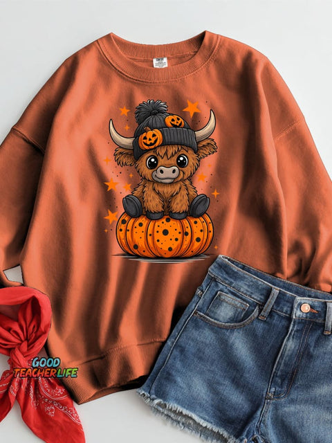 Halloween Cow and Pumpkin Decorative Pattern Casual Sweatshirt