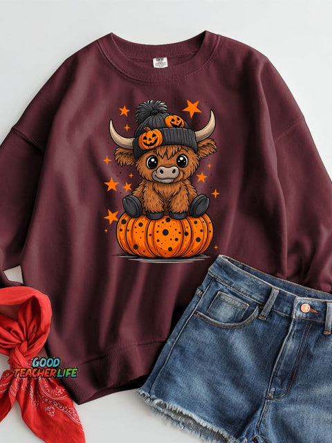 Halloween Cow and Pumpkin Decorative Pattern Casual Sweatshirt