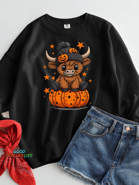 Halloween Cow and Pumpkin Decorative Pattern Casual Sweatshirt